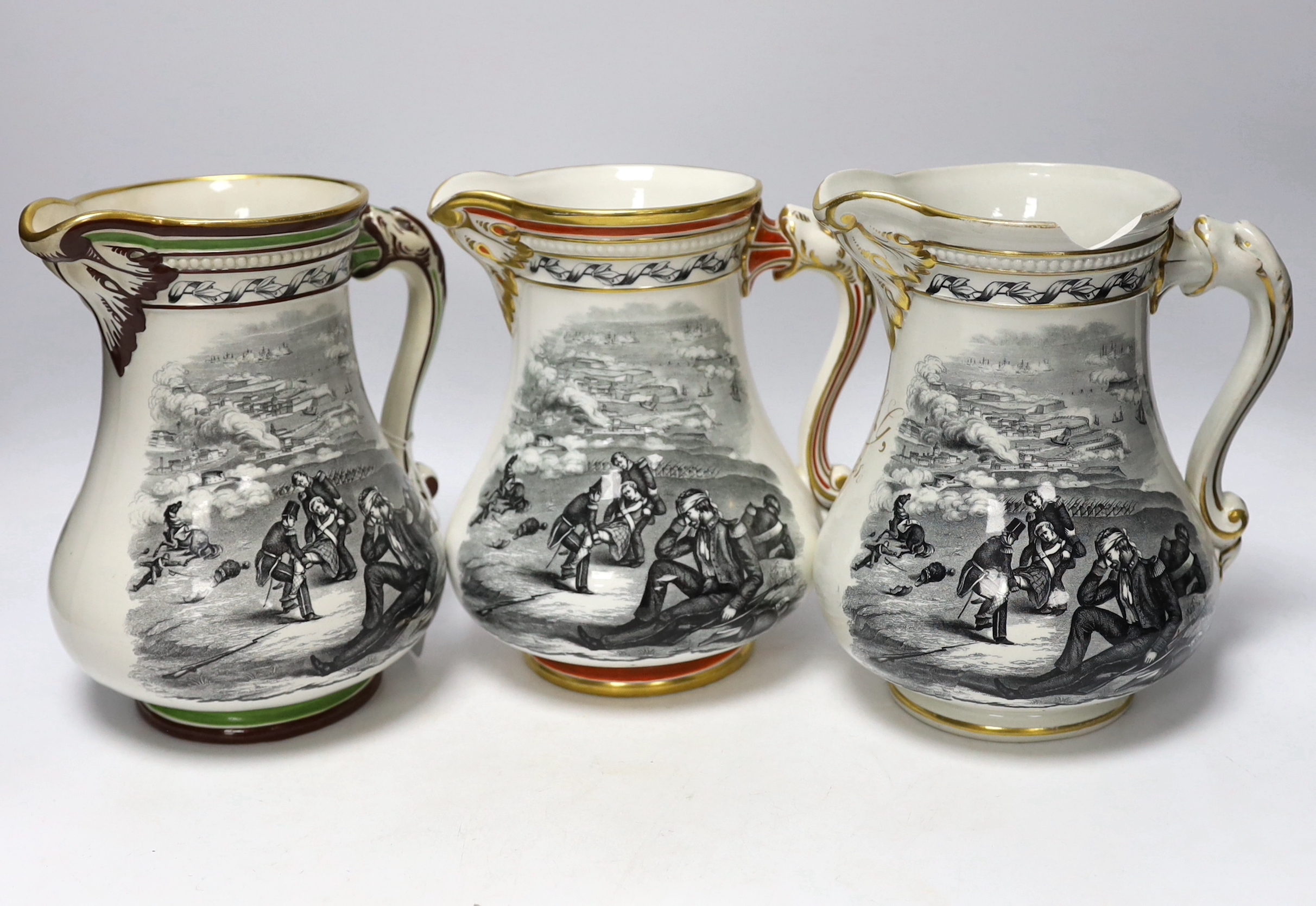 Crimean war interest- Three Samuel Alcock 'Royal Patriotic Jugs', designed by G. Eyre 1855, 20cm high